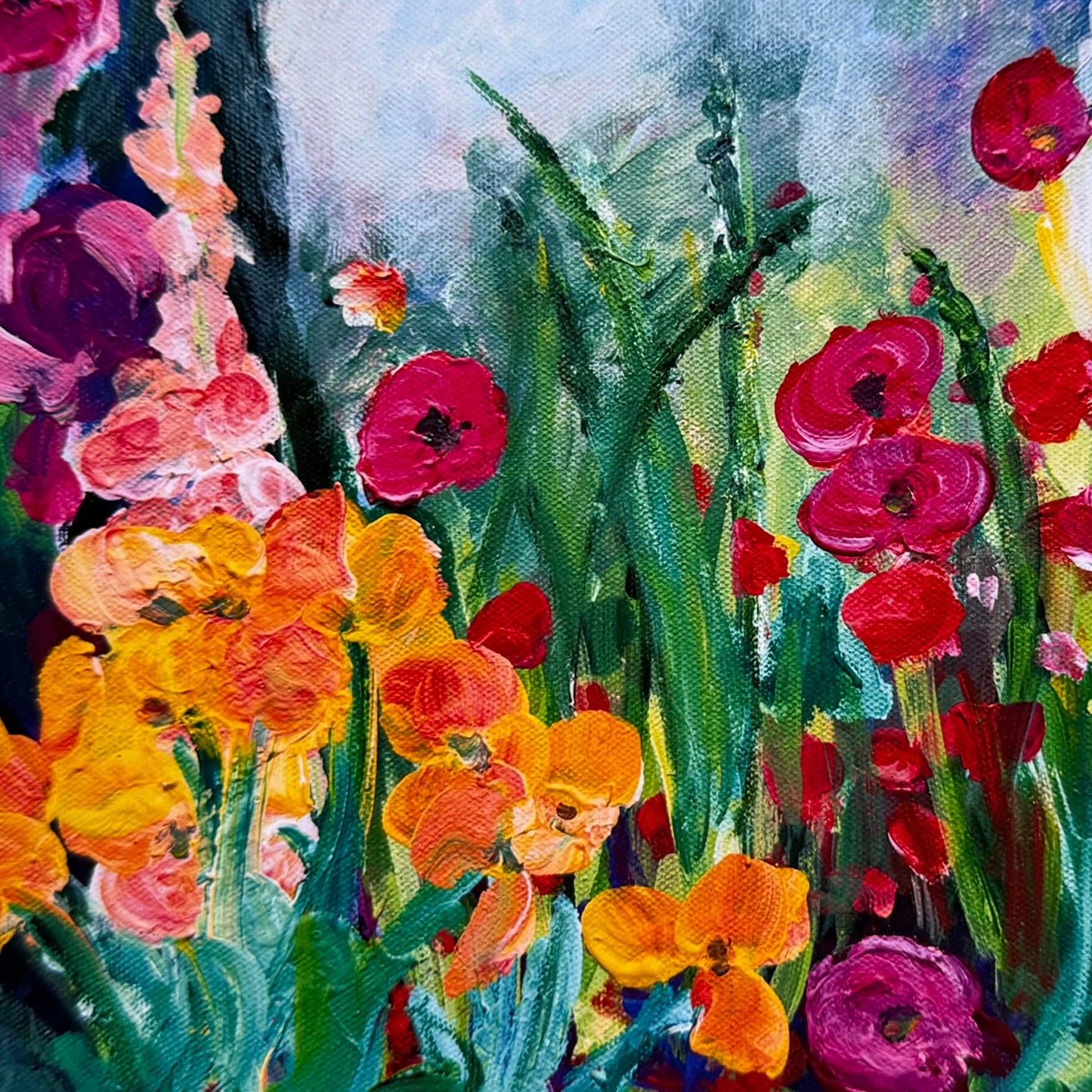 Close-up detail of Enchanting Flowers fine art print showing expressive brushwork, layered color, and vibrant floral texture.