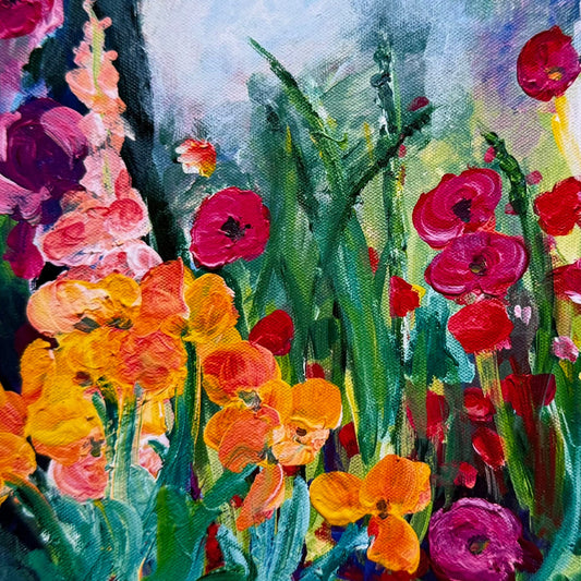 Close-up detail of Enchanting Flowers fine art print showing expressive brushwork, layered color, and vibrant floral texture.