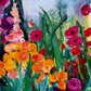 Close-up detail of Enchanting Flowers fine art print showing expressive brushwork, layered color, and vibrant floral texture.
