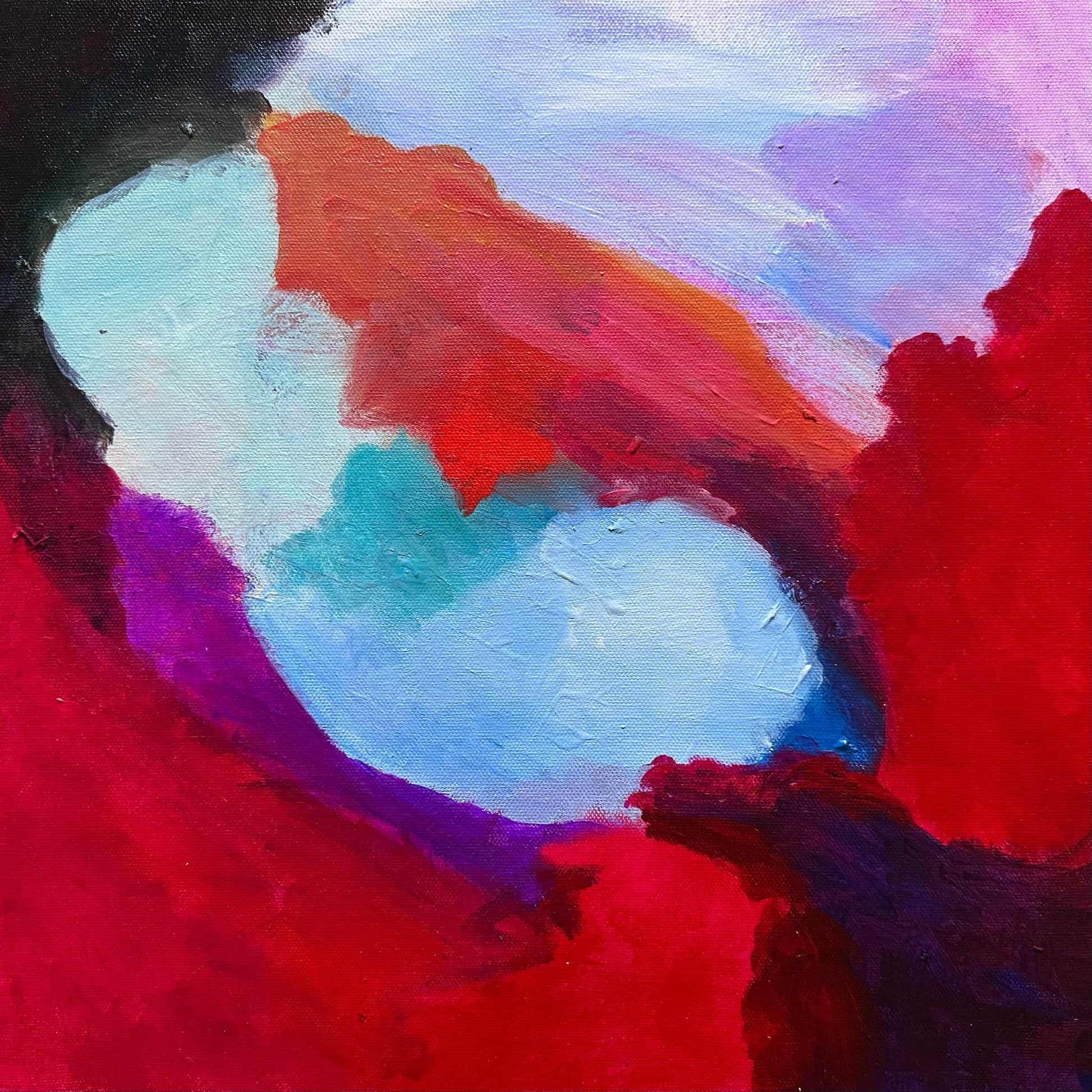 Eternity original abstract acrylic painting by Maria-Victoria Checa in a silver float frame displayed on a deep teal wall, featuring bold swirling forms in crimson red, purple, teal, and soft blue
