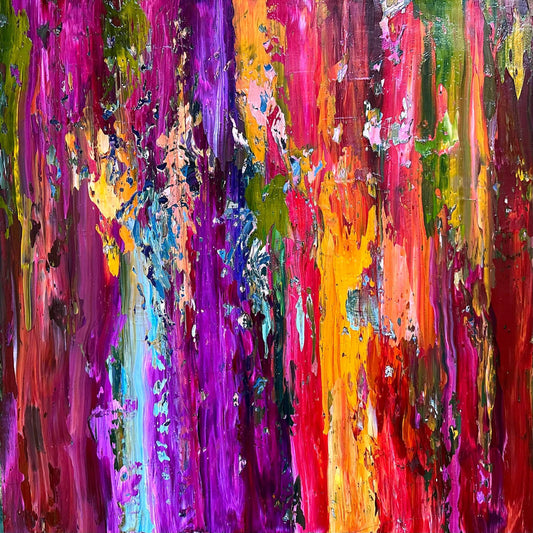 Fall Foliage, original abstract oil painting by Maria-Victoria Checa, 20x20 in, vertical streaks of magenta, violet, orange and red