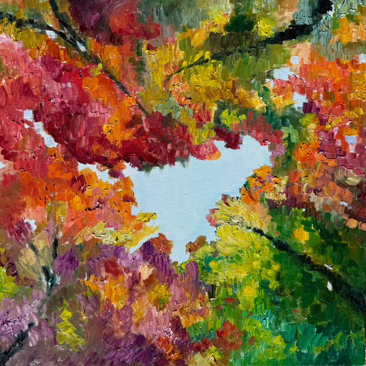 Impressionist landscape painting by Maria-Victoria Checa of colorful autumn foliage framing an open sky.