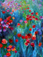 Close-up detail of “Fantasia” fine art print showing expressive brushstrokes and textured red and pink flowers in a luminous meadow.