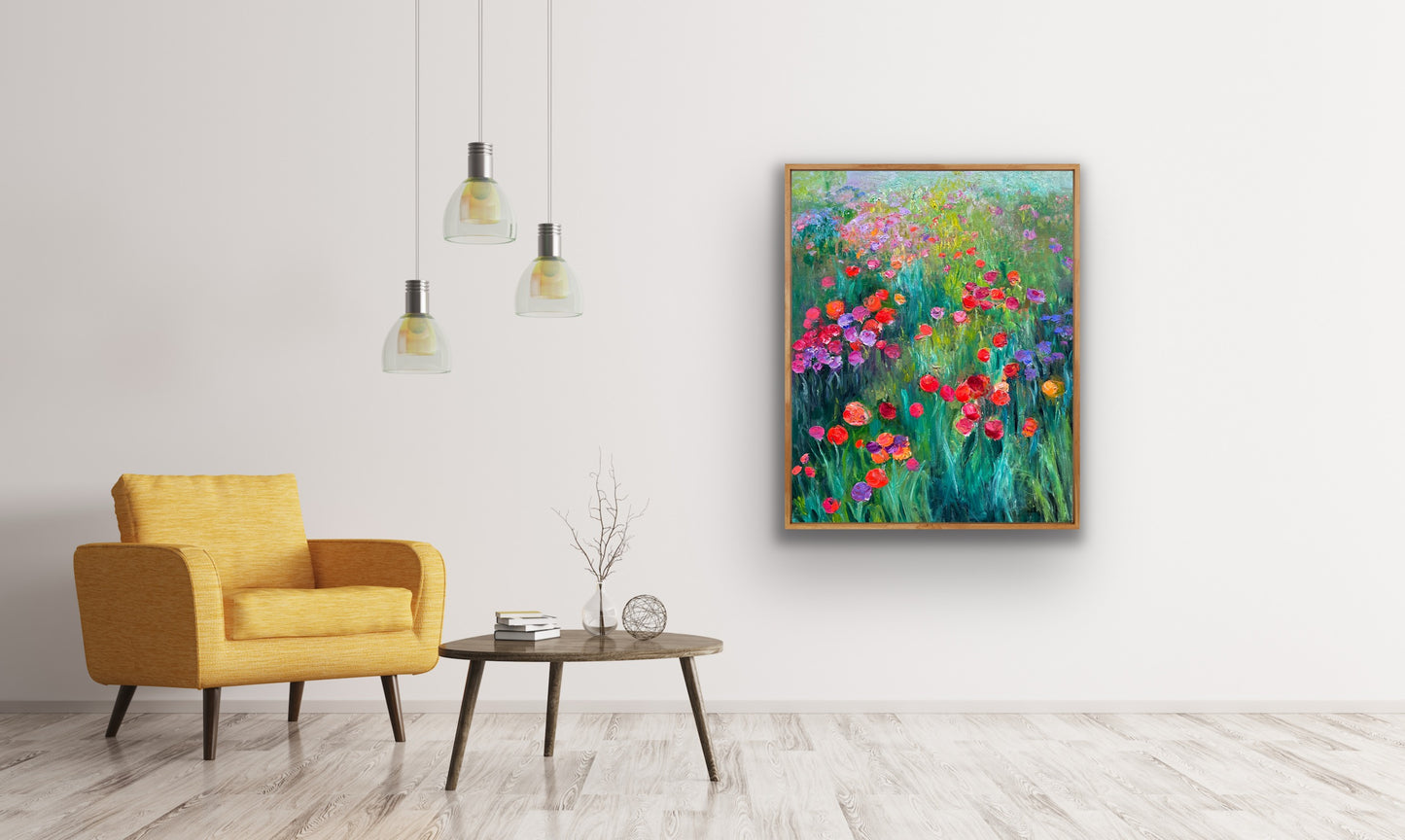 Large framed canvas print of “Fantasia” impressionist floral painting by Maria-Victoria Checa styled in a modern living room with a yellow armchair.