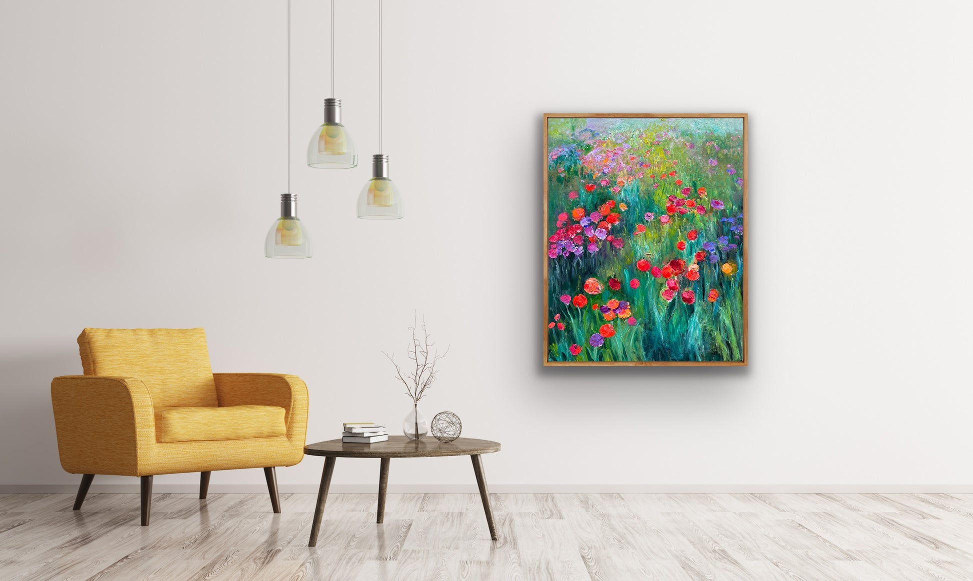 Large framed canvas print of “Fantasia” impressionist floral painting by Maria-Victoria Checa styled in a modern living room with a yellow armchair.