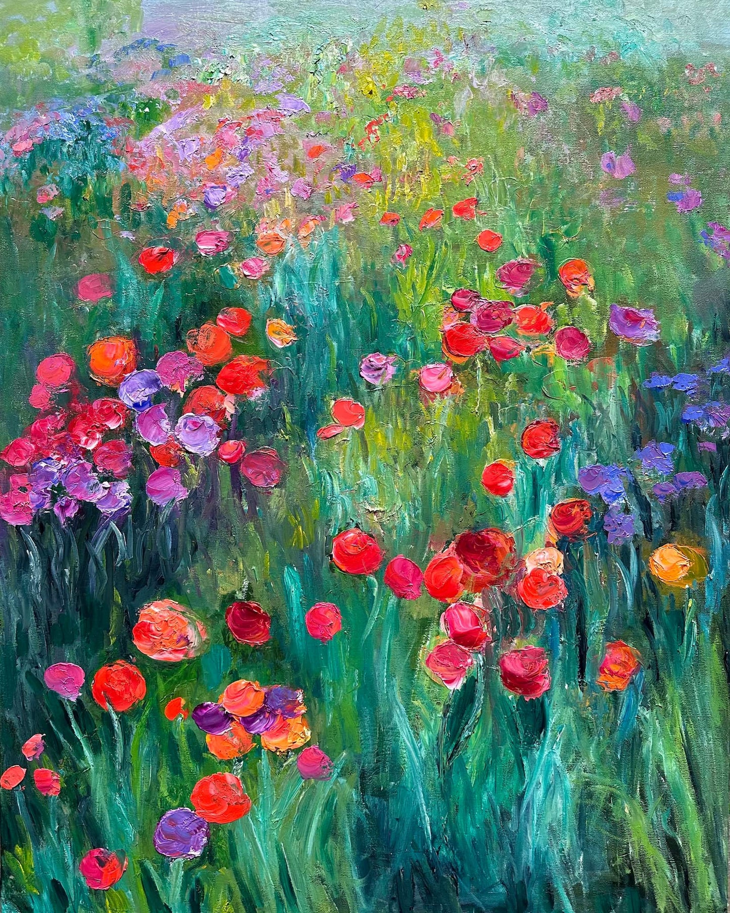 Fantasia, original impressionist flower field oil painting by Maria-Victoria Checa, 24x30 in, red orange and purple blooms in luminous teal green garden