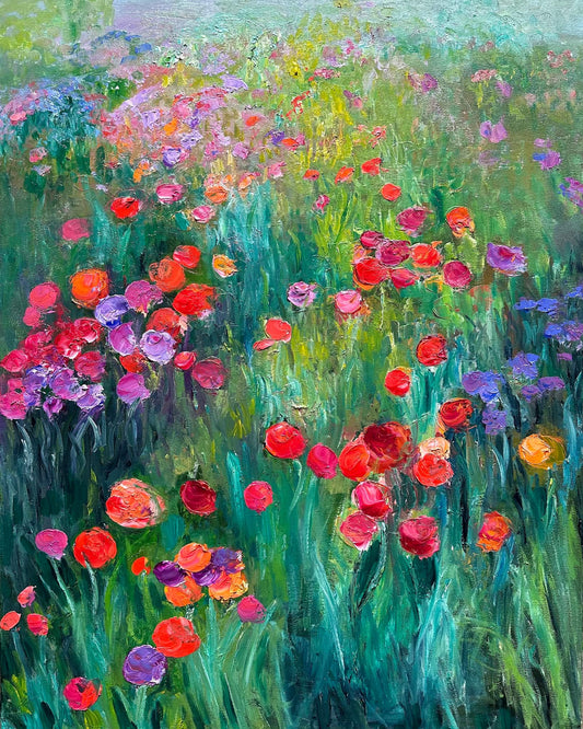 Fantasia, original impressionist flower field oil painting by Maria-Victoria Checa, 24x30 in, red orange and purple blooms in luminous teal green garden