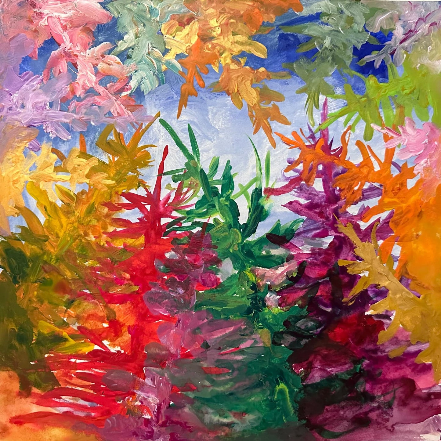 Festive Pines — original 12x12 watercolor painting of lush pine branches in crimson, magenta, yellow, and violet by Washington DC artist Maria-Victoria Checa