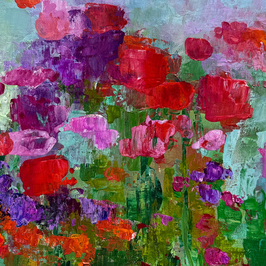 Close-up detail of Fleeting Flowers by Maria-Victoria Checa showing vibrant red, pink, purple, and orange impressionist blooms with textured brushstrokes.