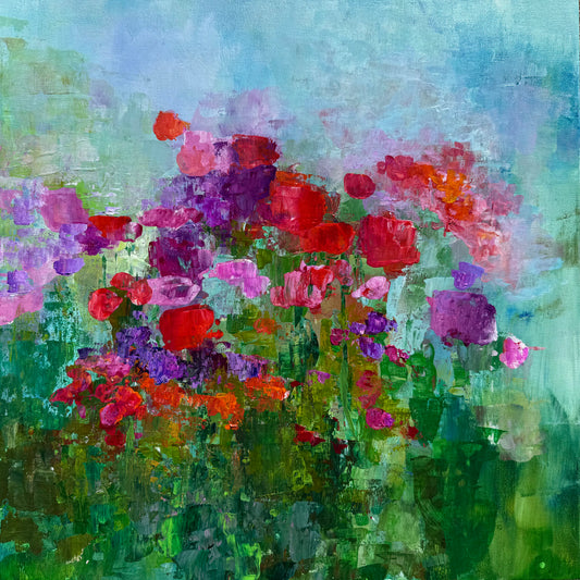 Impressionist landscape painting by Maria-Victoria Checa of colorful abstracted flowers against a soft blue and green background.
