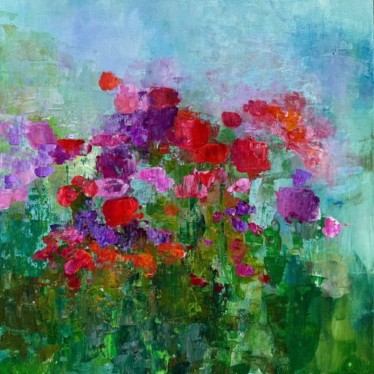 Fleeting Flowers impressionist painting by Maria-Victoria Checa featuring loose expressive blooms in red, magenta, purple, and pink emerging from a lush green garden against a soft teal and lavender sky.