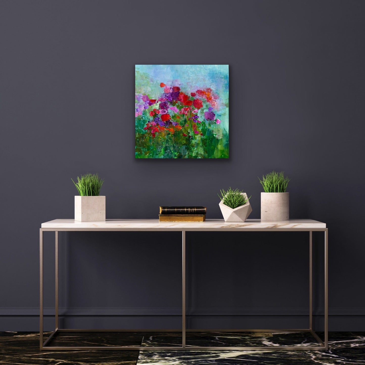 Fleeting Flowers by Maria-Victoria Checa displayed above a modern marble console against a charcoal wall, adding vibrant impressionist color to a contemporary interior.