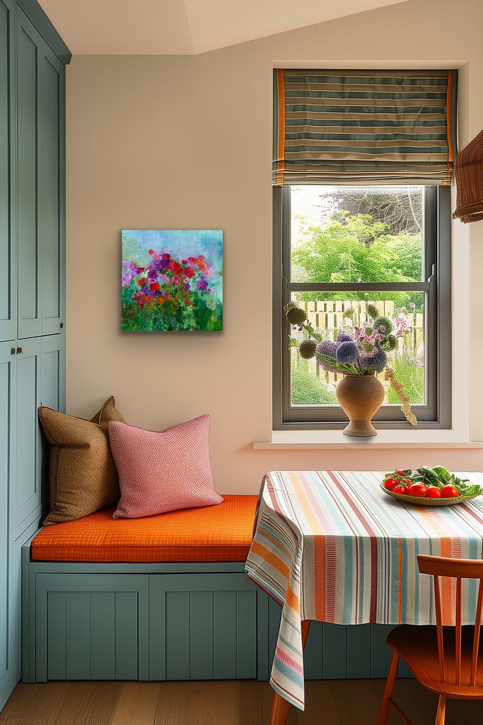 Fleeting Flowers by Maria-Victoria Checa hanging in a bright cottage-style kitchen nook with blue cabinetry, an orange bench cushion, and a striped tablecloth.