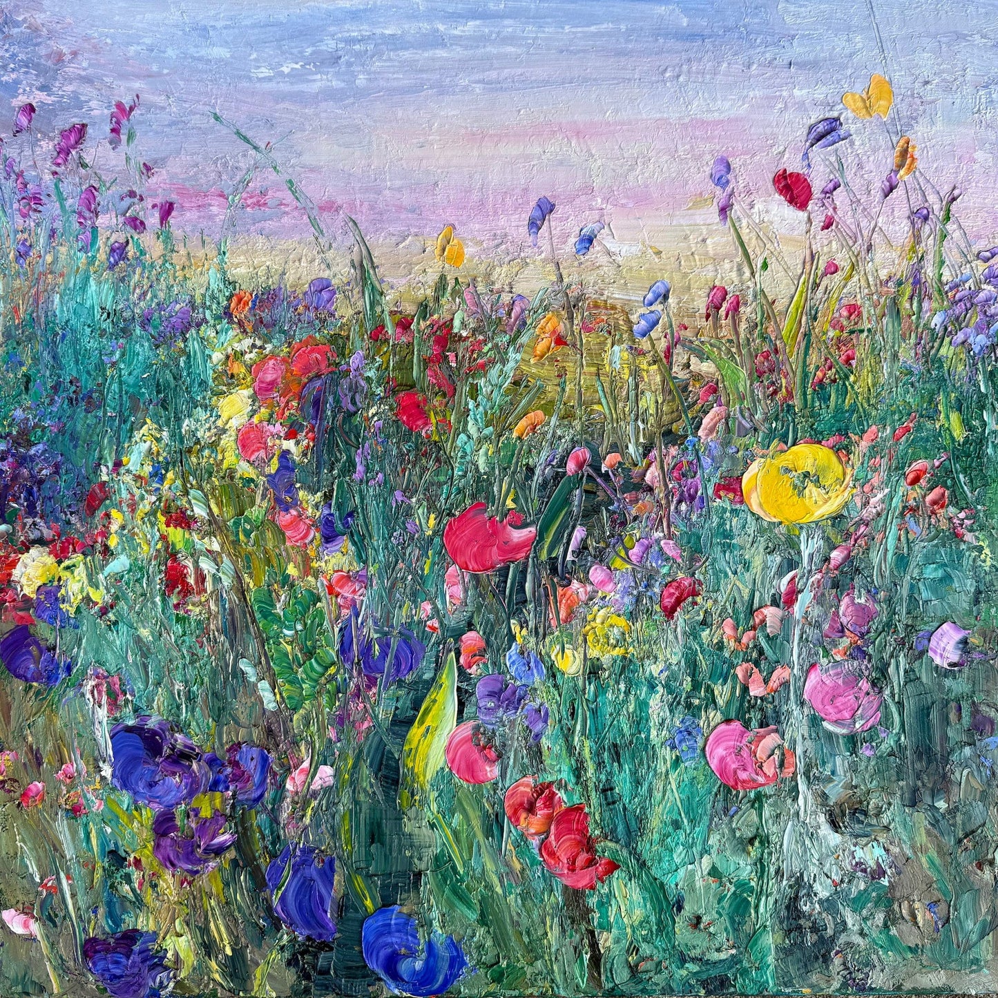 Flower Field at Dusk impressionist fine art print by Maria-Victoria Checa featuring a lush palette knife wildflower meadow in purple, red, pink, yellow, and blue blooms against a soft lavender and pink dusk sky