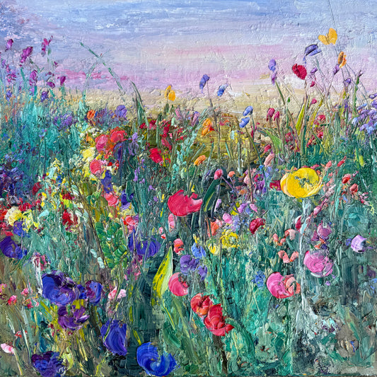 Impressionist painting of a vibrant wildflower meadow with layered texture by Maria-Victoria Checa