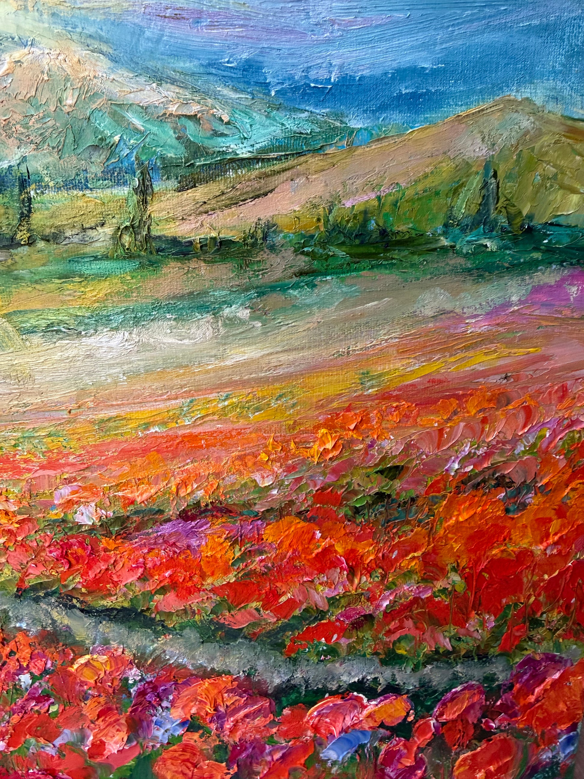Detail of textured brushstrokes and vibrant wildflowers from the painting ‘Flower Rows’ by Maria-Victoria Checa.