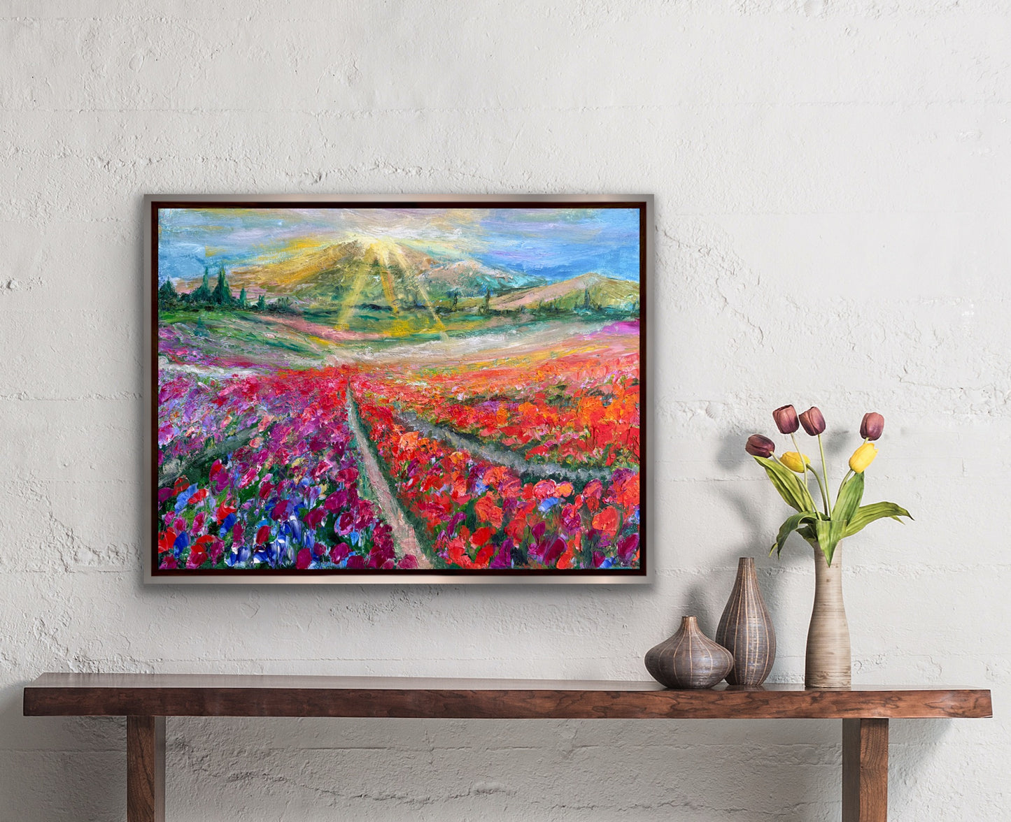 ‘Flower Rows’ impressionist painting by Maria-Victoria Checa displayed in a modern interior with tulips on a console table.