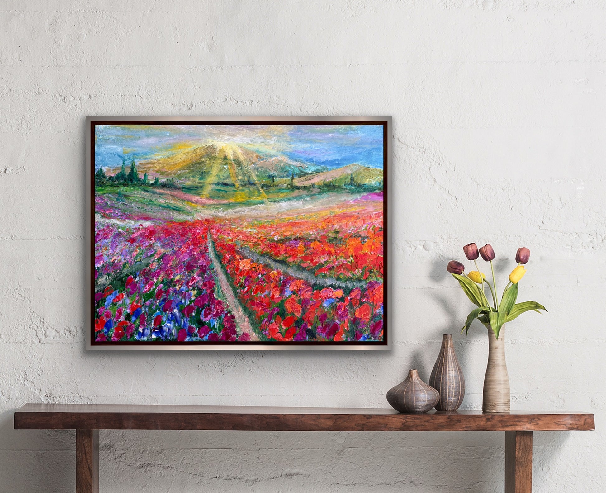 ‘Flower Rows’ impressionist painting by Maria-Victoria Checa displayed in a modern interior with tulips on a console table.