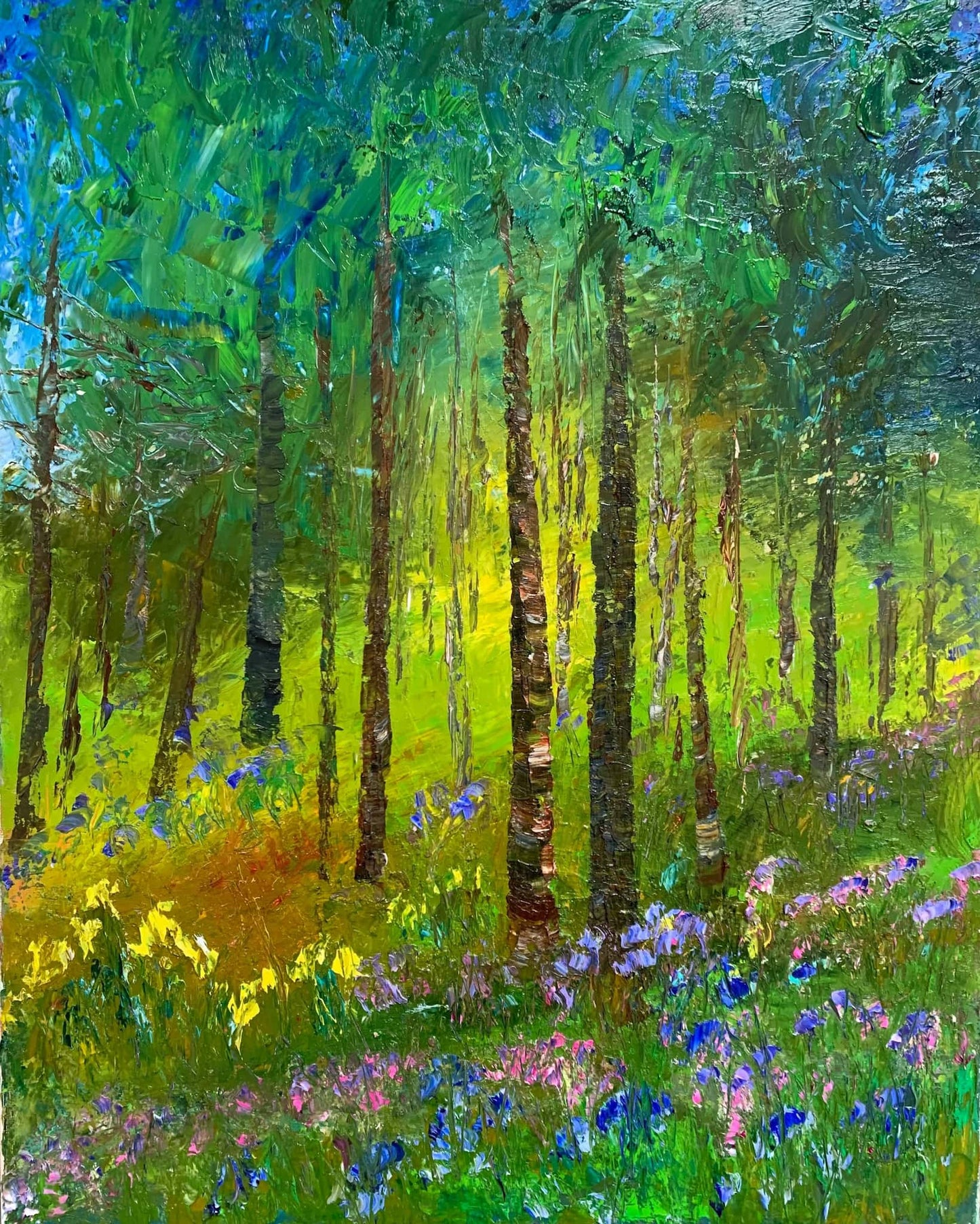 Forest Light, original impressionist green forest landscape oil painting by Maria-Victoria Checa, 20x16 in, sunlit trees with bluebells and golden light