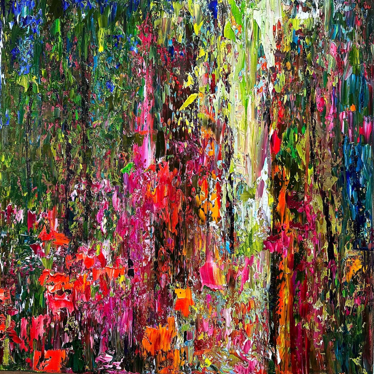 Forest Light, original impressionist landscape oil painting by Maria-Victoria Checa, 20x20 in, lush green forest with magenta wildflowers and golden light