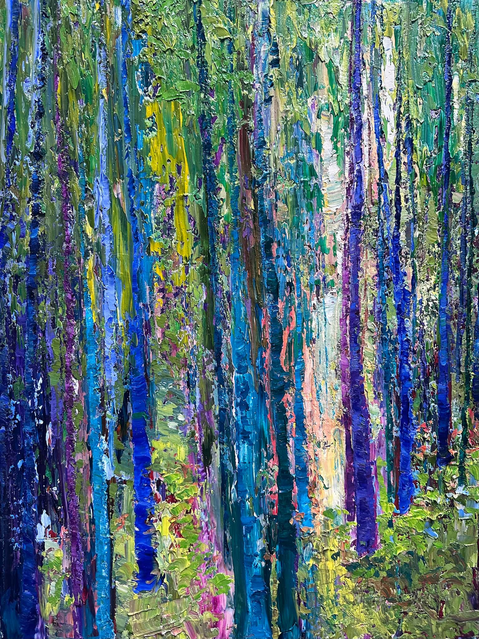 Forêt Magique, original impressionist blue green forest landscape oil painting by Maria-Victoria Checa, 18x24 in, cobalt blue and violet tree trunks with teal and chartreuse