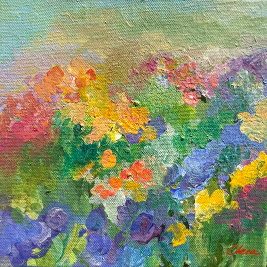 Golden Meadow, original impressionist floral painting by Maria-Victoria Checa, 8x8 inches (20.3x20.3 cm) acrylic on canvas, Miniature Impressions series, Washington DC artist