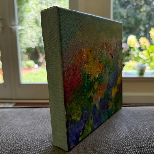 golden-meadow-miniature-impressions-no5-side-view-checa-art.jpg
Alt text: Side angle view of Golden Meadow original acrylic painting showing canvas edge and texture, by Maria-Victoria Checa, Miniature Impressions No. 5
