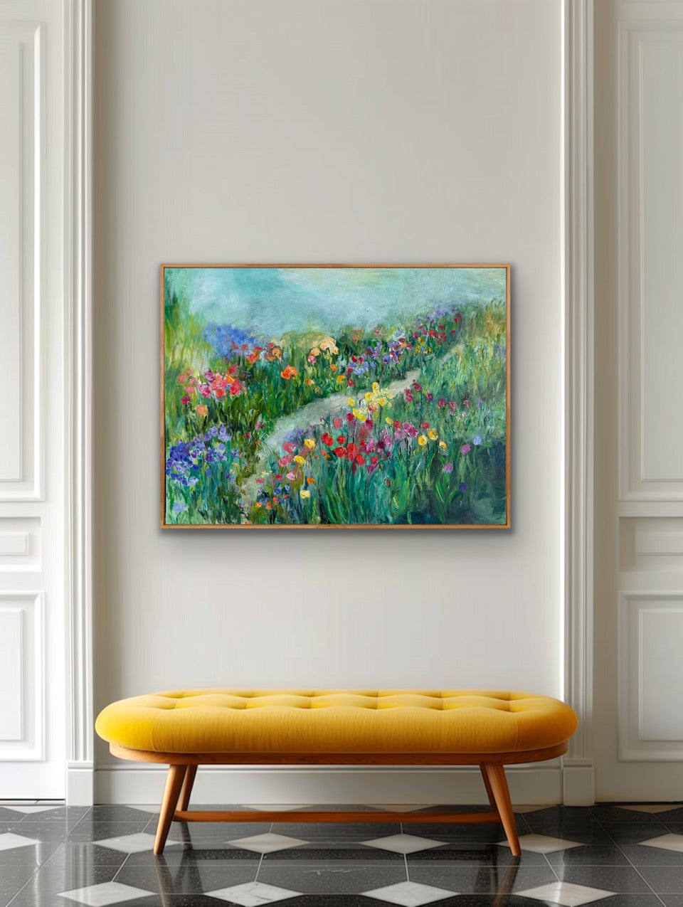 Happy Place painting styled above a modern yellow bench in an elegant hallway.