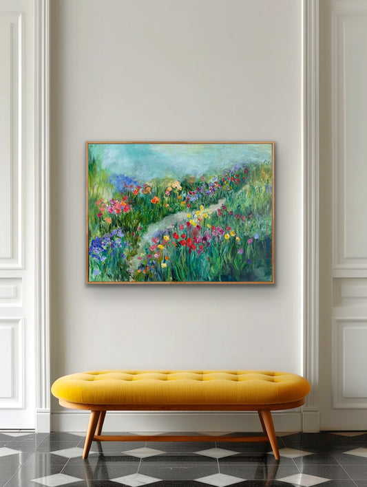 Happy Place painting styled above a modern yellow bench in an elegant hallway.