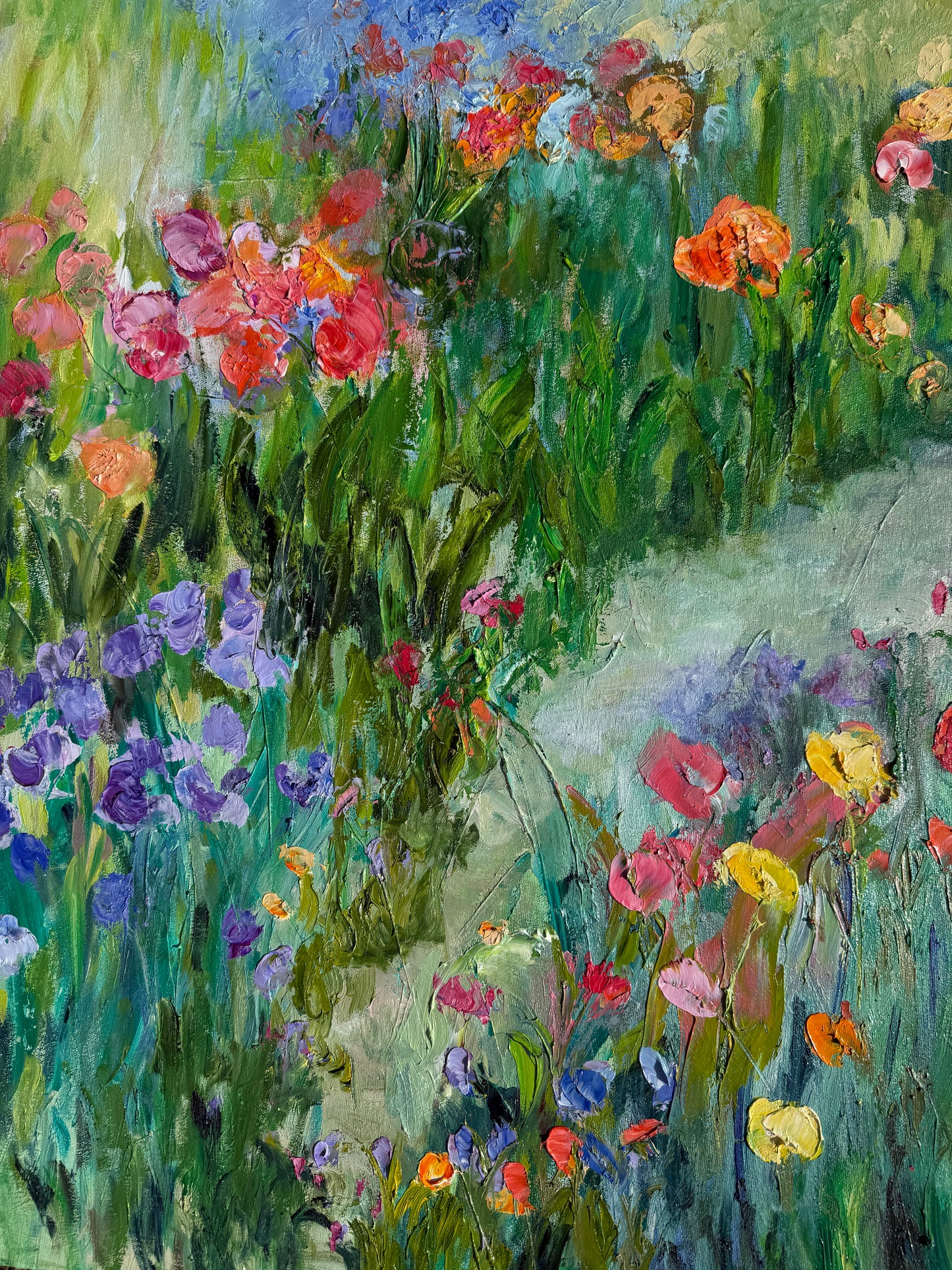 Close-up detail of Happy Place impressionist landscape showing lush green foliage and colorful blossoms.