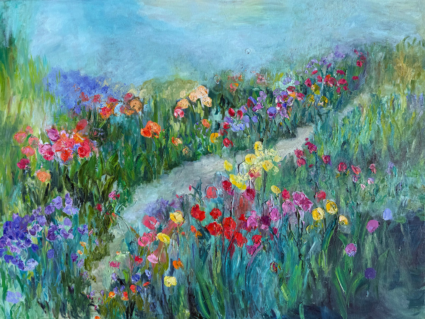 Happy Place by Maria-Victoria Checa – impressionist floral landscape painting with a winding garden path and vibrant flowers.