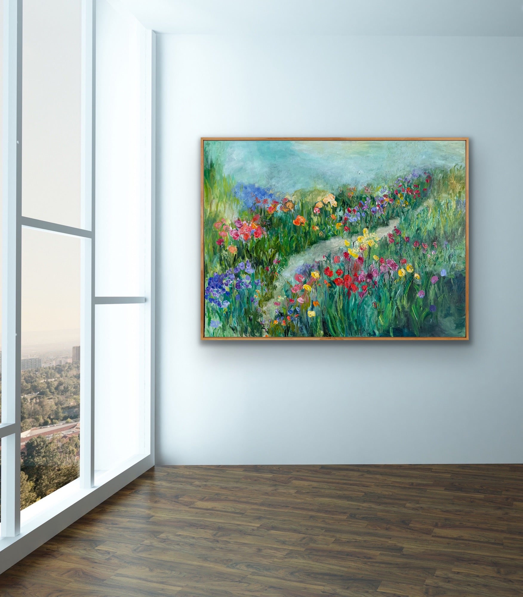 Large Happy Place wall art shown in a bright modern room with floor-to-ceiling windows.