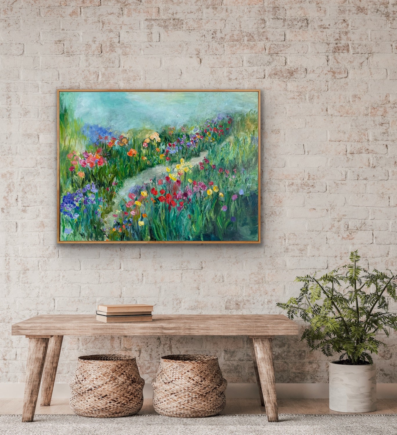 Happy Place floral landscape artwork displayed on a neutral brick wall with rustic décor.