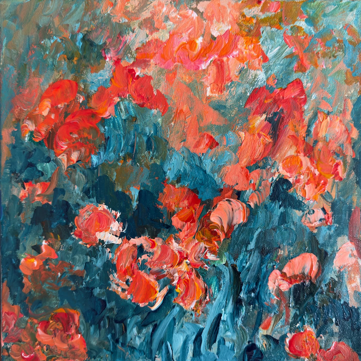 Honey Honey, a 12x12 acrylic painting of coral and orange flowers with a teal background, by Maria-Victoria Checa