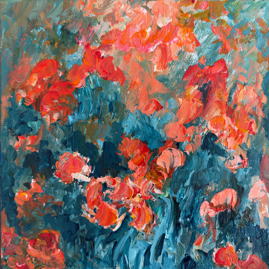 Honey Honey, a 12x12 acrylic painting of coral and orange flowers with a teal background, by Maria-Victoria Checa