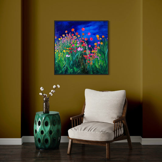 Framed impressionist landscape painting by Maria-Victoria Checa contrasted against a mustard-colored wall.