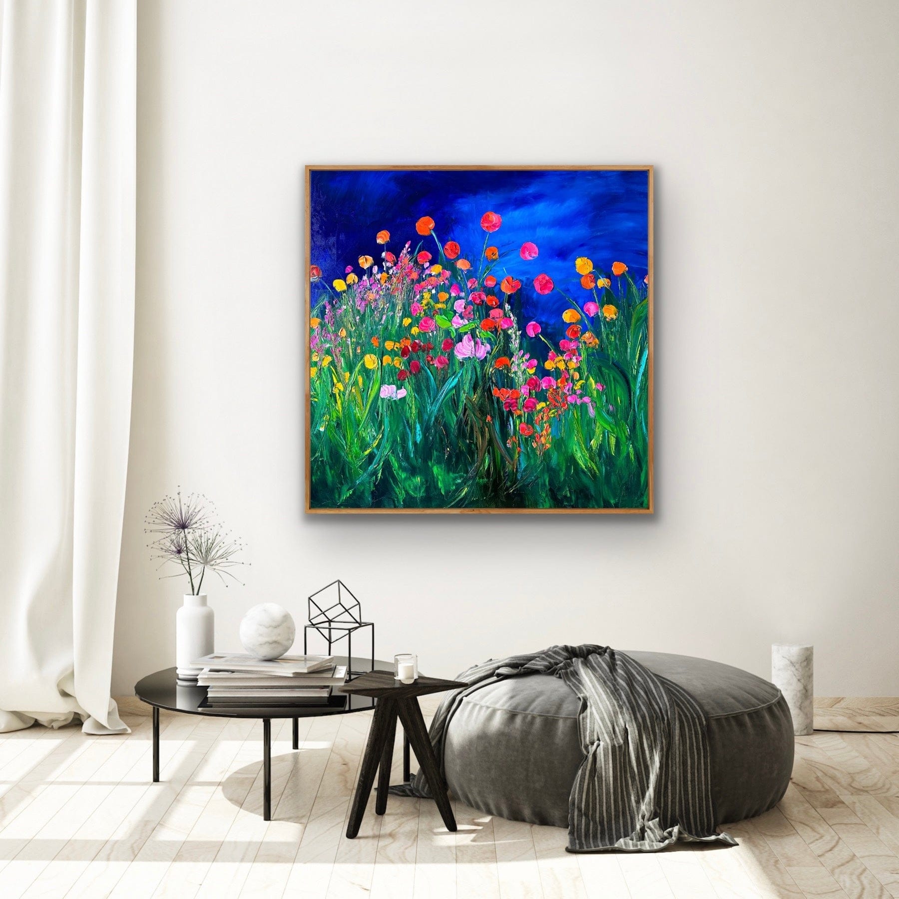 Framed impressionist landscape painting by Maria-Victoria Checa shown in a contemporary intrior.
