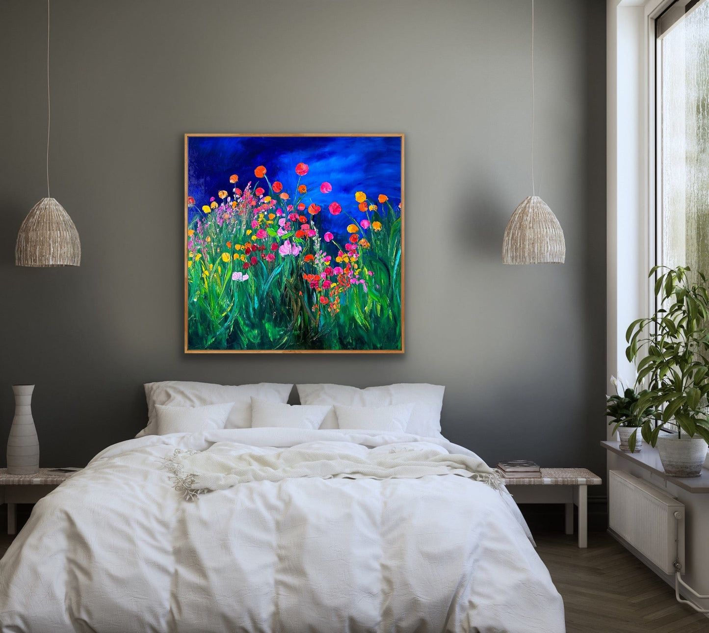 Impressionist landscape painting by Maria-Victoria Checa displayed in a bedroom.