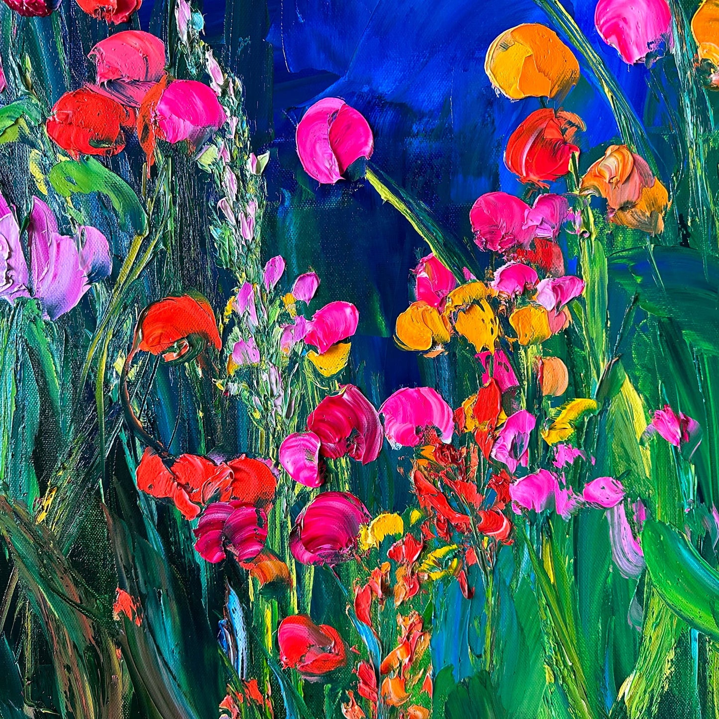 Detail view of expressive texture and palette knife brushwork in an Impressionist wildflower painting by Maria-Victoria Checa.