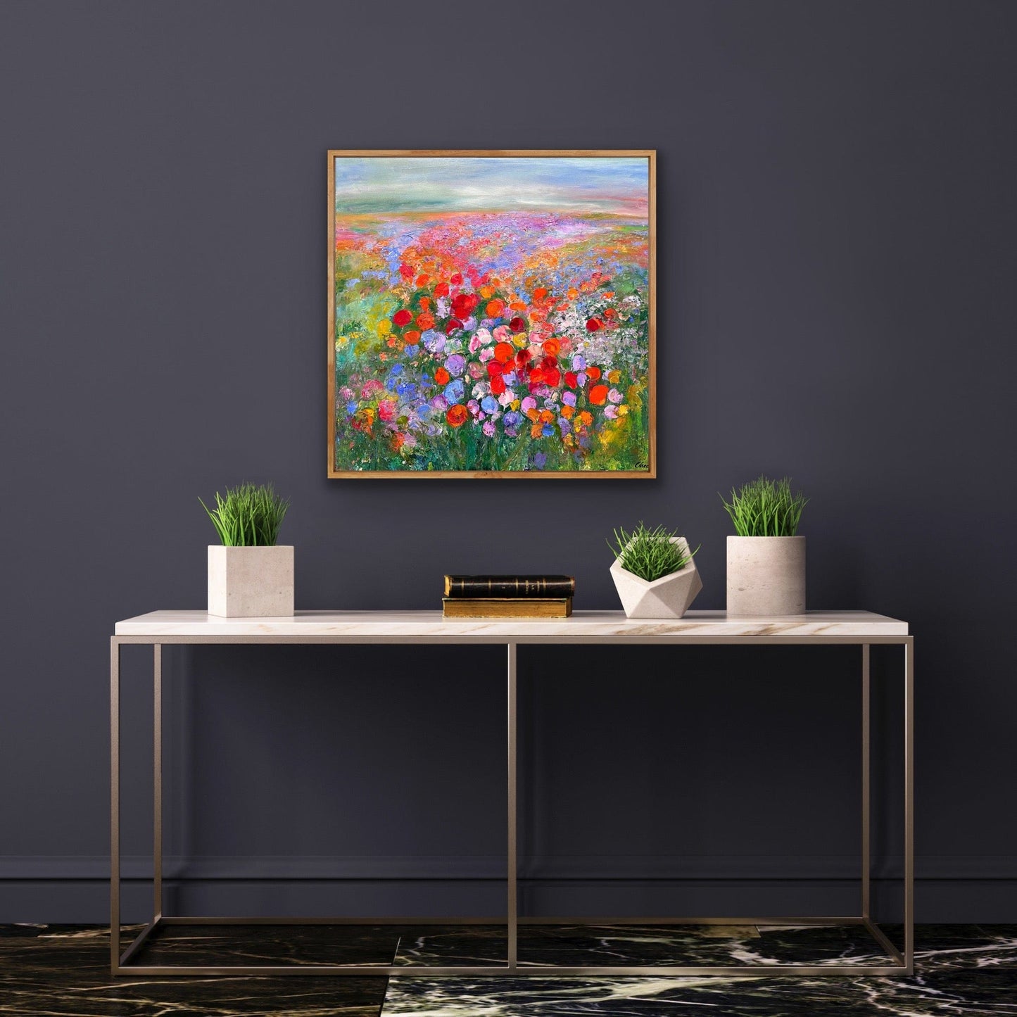 Prairie impressionist flower field painting framed on dark wall by Maria-Victoria Checa