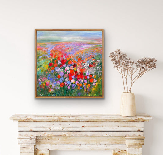 Prairie impressionist flower field painting displayed above mantle by Maria-Victoria Checa