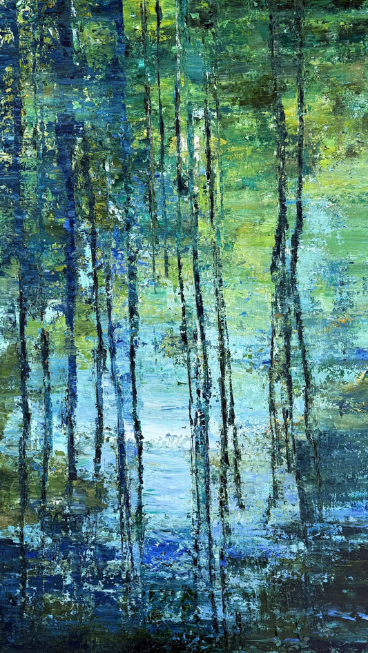 Cypress Gardens Reflection 3 impressionist landscape painting by Maria-Victoria Checa featuring tall cypress tree trunks reflected in still water with palette knife texture in deep teal, blue, green, and yellow-green