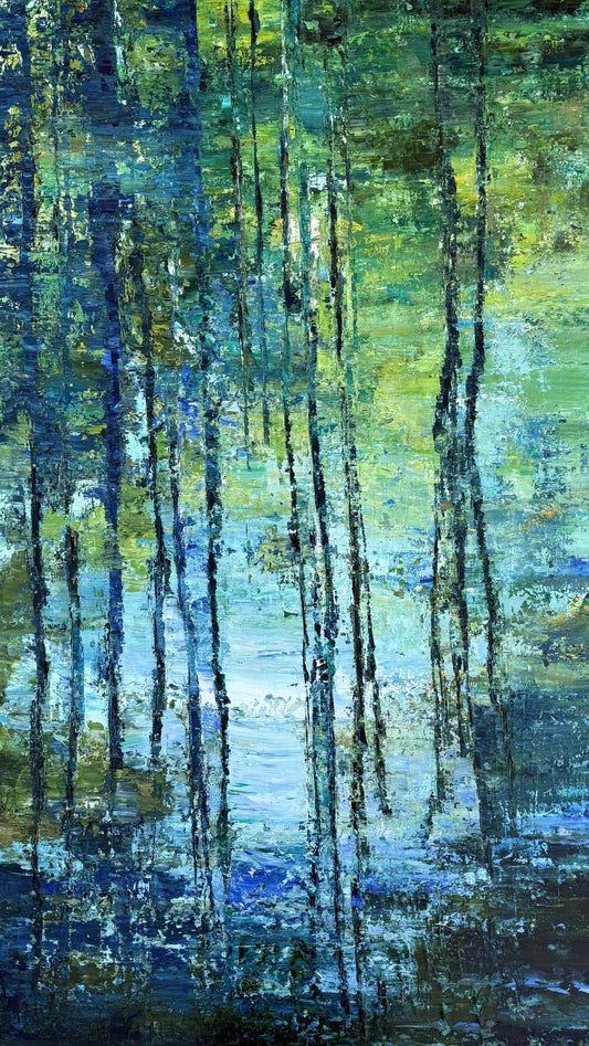 Impressionist landscape painting by Maria-Victoria Checa featuring vertical trees reflected in water with layered blue and green brushstrokes.