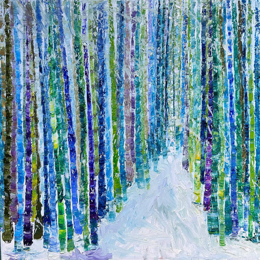 Impressionist landscape painting by Maria-Victoria Checa of a bamboo forest with vertical blue and green brushstrokes.