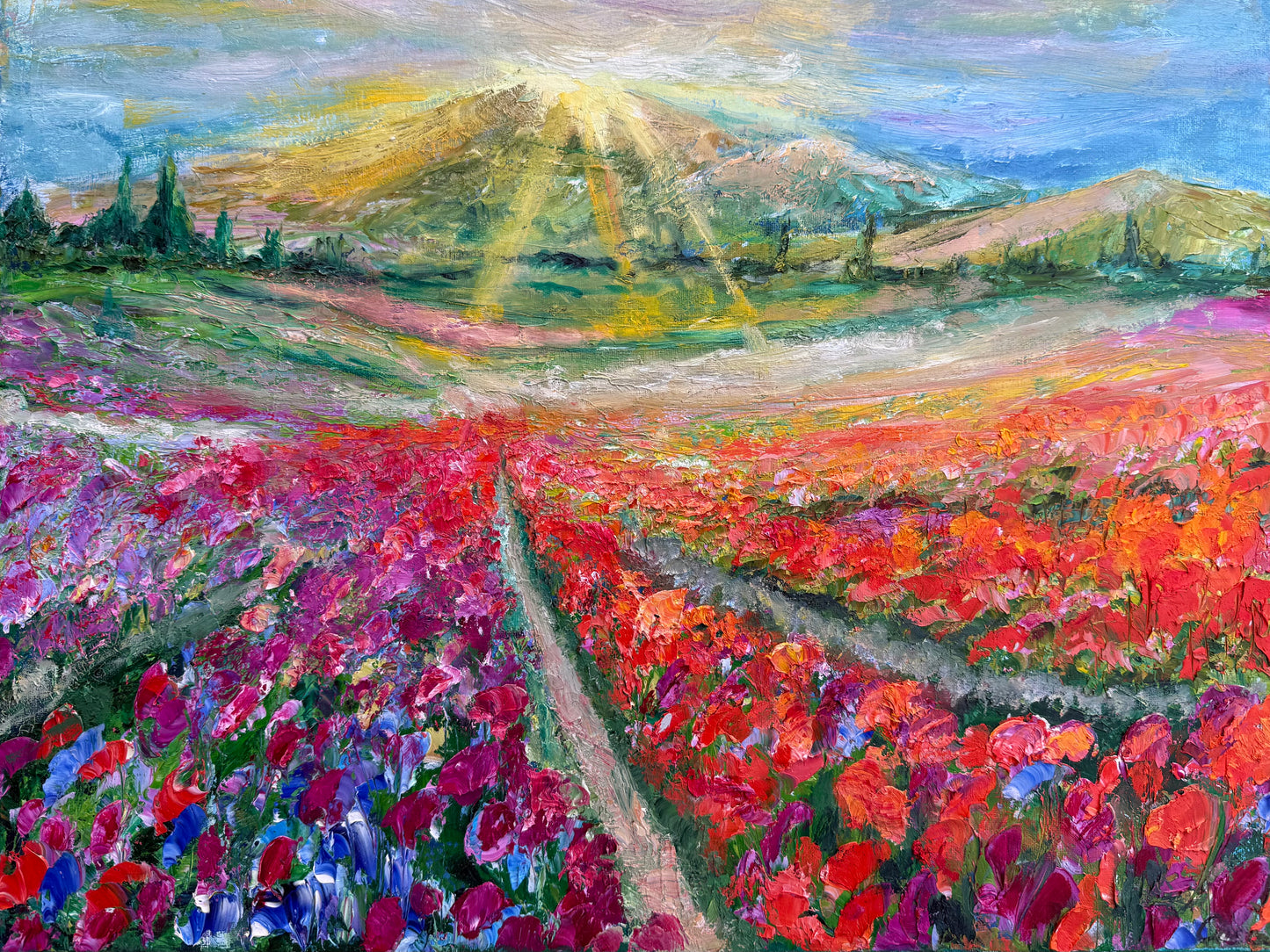 Impressionist landscape painting ‘Flower Rows’ by Maria-Victoria Checa featuring colorful flower rows leading to sunlit hills.