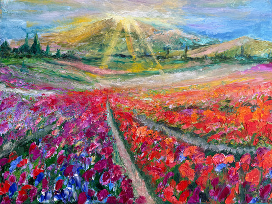 Impressionist landscape painting ‘Flower Rows’ by Maria-Victoria Checa featuring colorful flower rows leading to sunlit hills.