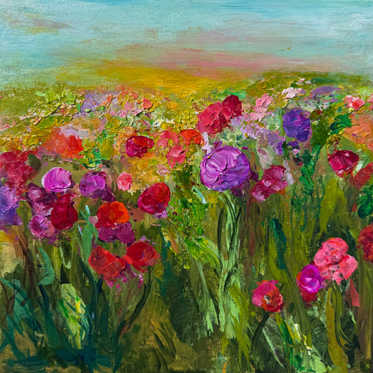 Impressionist landscape painting by Maria-Victoria Checa of a colorful flower field with vibrant reds, pinks, and greens.