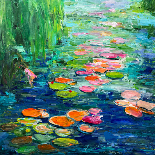 Impressionist landscape painting by Maria-Victoria Checa of floating water lily pads on reflective blue and green water.