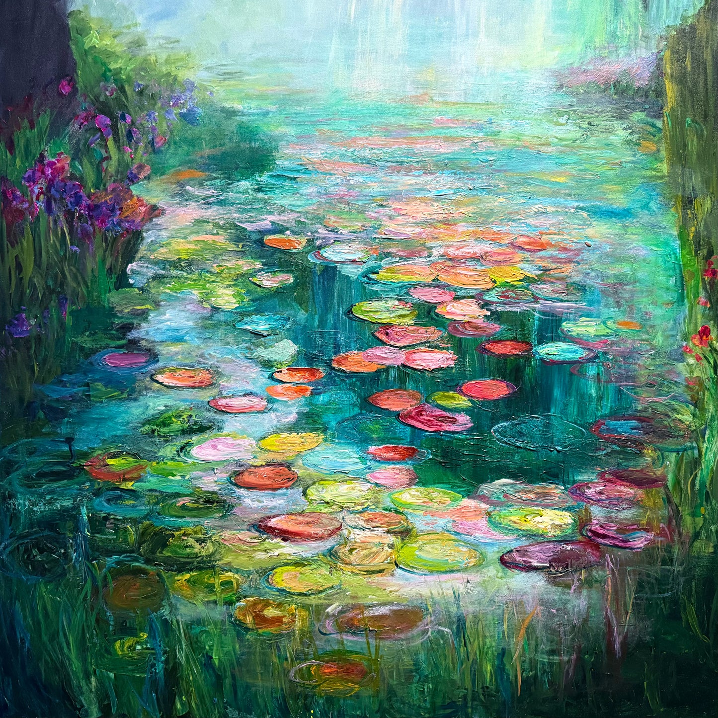 Impressionist painting of a tranquil water garden with floating lily pads and layered brushstrokes by Maria-Victoria Checa.