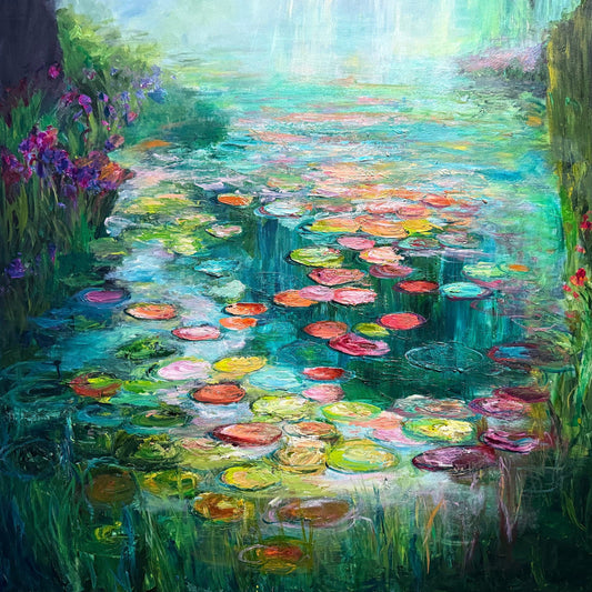 Impressionist painting of a tranquil water garden with floating lily pads and layered brushstrokes by Maria-Victoria Checa.